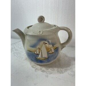 Vintage Antique PORCELIER VITREOUS Ironstone HAND Painted TEA POT Sailboats